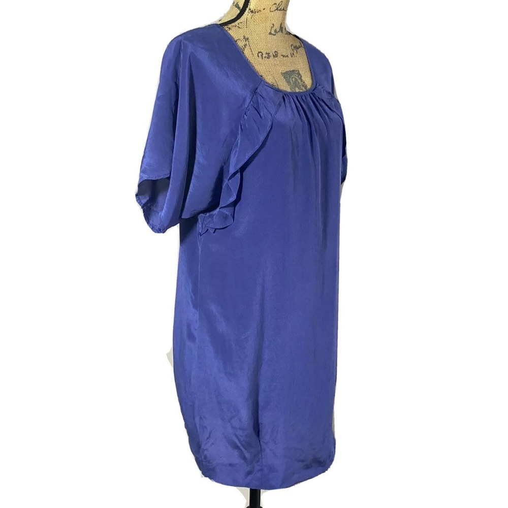 Moulinette Soeurs Dress 4 Blue 100% Silk Short Dolman Sl Ruffle Satin Work Party - Picture 3 of 7